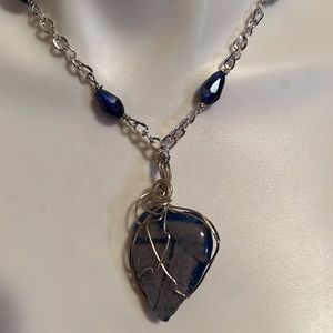 Wire Wrapped Heart Beaded Blue Necklace